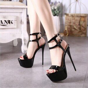 Black Patent Platform Stiletto Heels Strappy Sandals Size 8 New Without Box